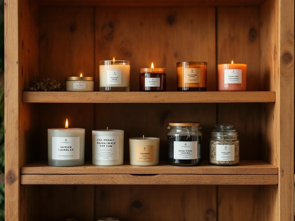 A shelf displaying various eco-friendly candles in different sizes and scents.