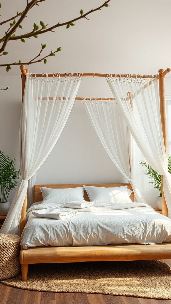 Eco-friendly canopy bed with wooden frame and sheer curtains in a bright room