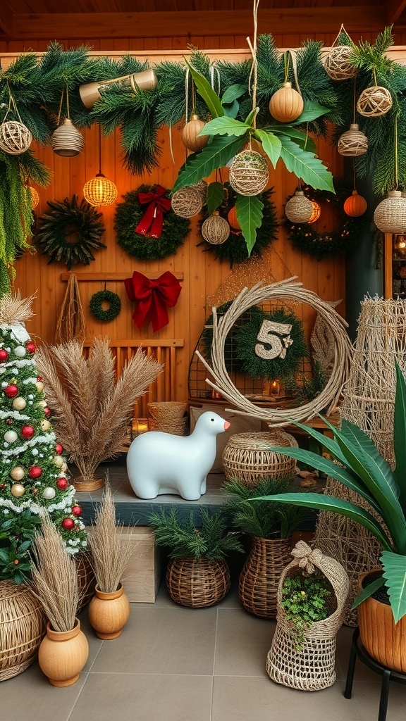 A cozy display of eco-friendly Christmas decor featuring natural materials, woven baskets, and a small Christmas tree.