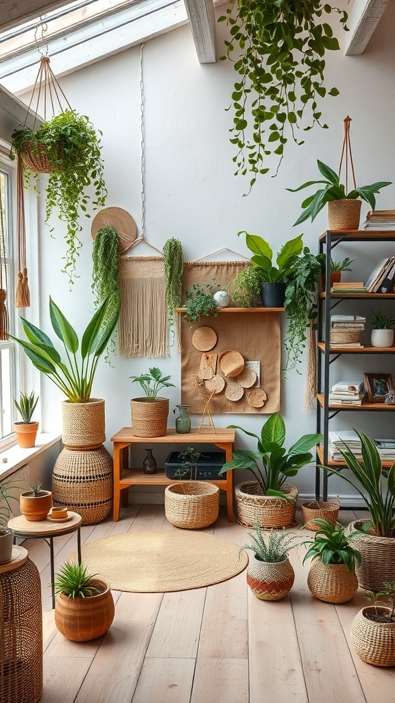 A bright craft room filled with plants and natural materials, showcasing eco-friendly decor.