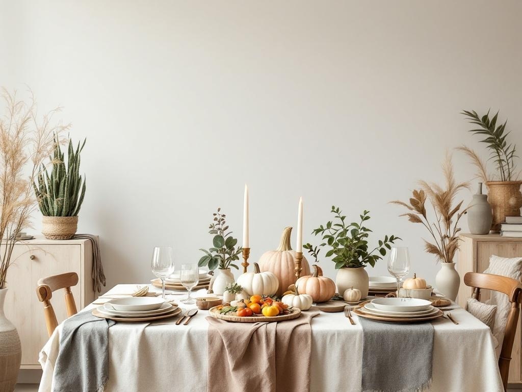 A boho Thanksgiving table decorated with natural elements, pumpkins, and greenery.