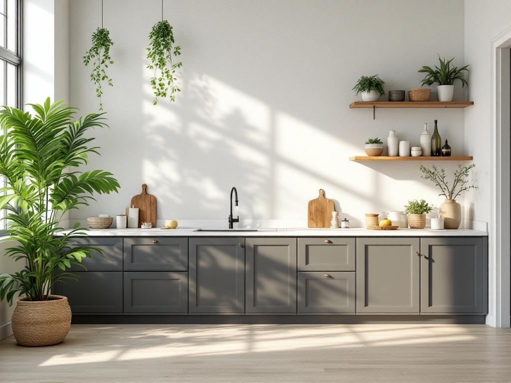 Modern kitchen with gray cabinetry, plants, and open shelving
