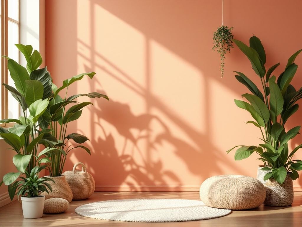 A bright and airy room with green plants, woven baskets, and a round rug against a peach wall.