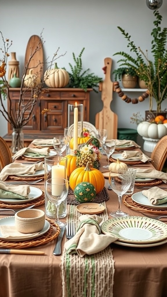 A beautifully set Thanksgiving table with pumpkins, candles, and natural decor.