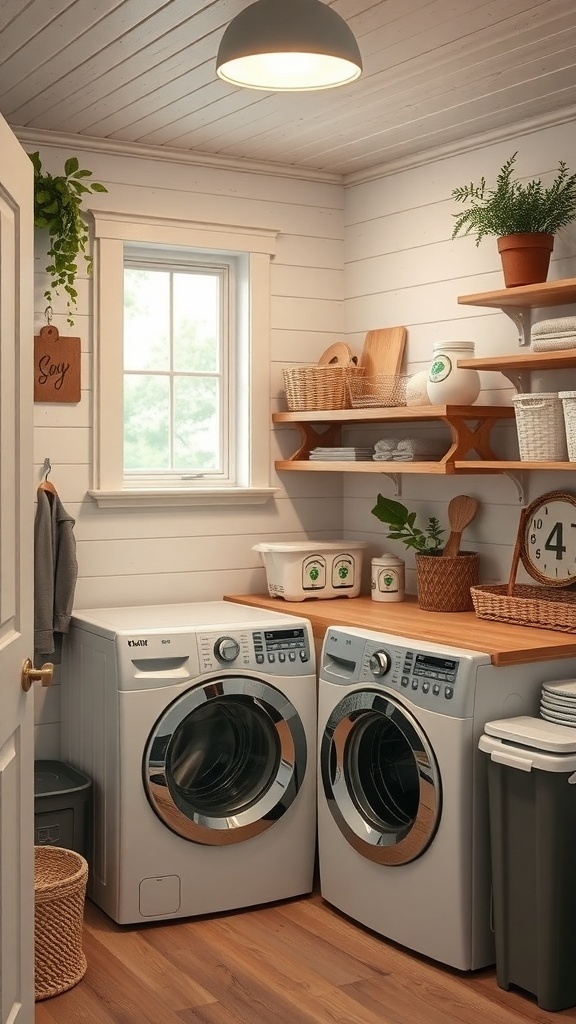 A modern farmhouse laundry room with energy-efficient appliances, wooden shelves, and plants.