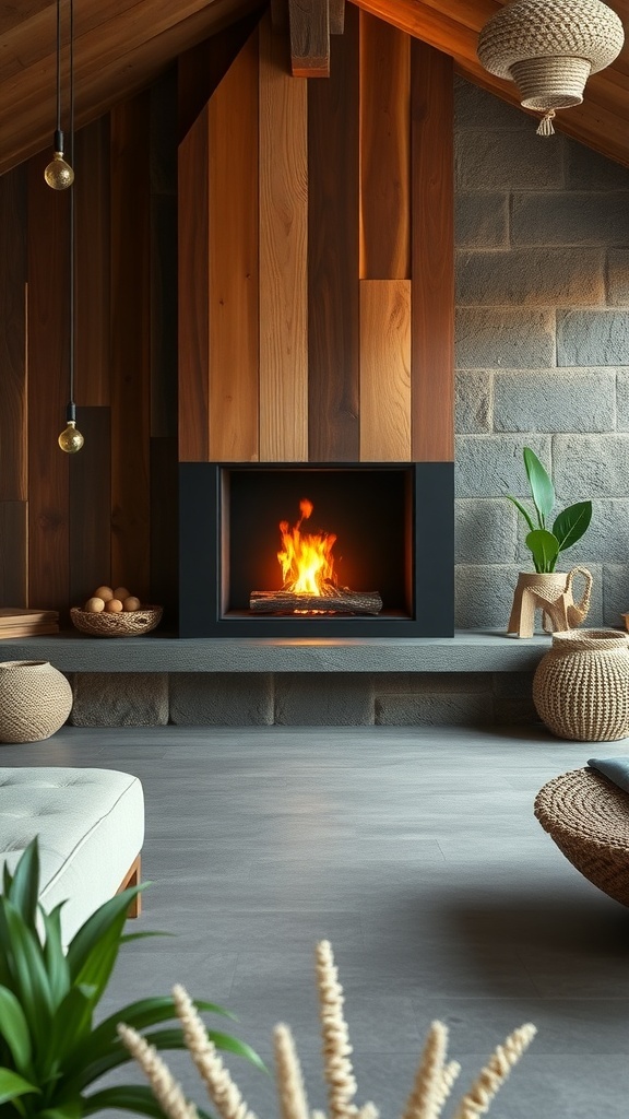 A cozy rustic fireplace with wooden accents and a modern design.