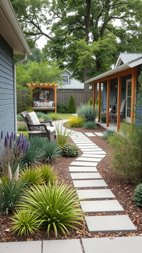 A modern farmhouse backyard featuring a stone pathway surrounded by native plants and a cozy seating area.