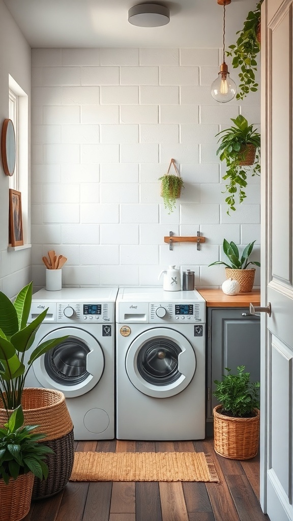 A stylish laundry room with modern washing machines, plants, and wooden accents.