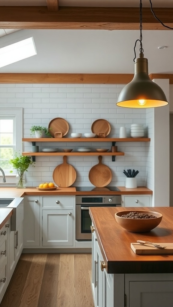 A cozy farmhouse kitchen with wooden shelves, a pendant light, and natural decor.