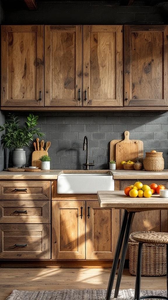 Eco-friendly wooden kitchen cabinets with a rustic finish