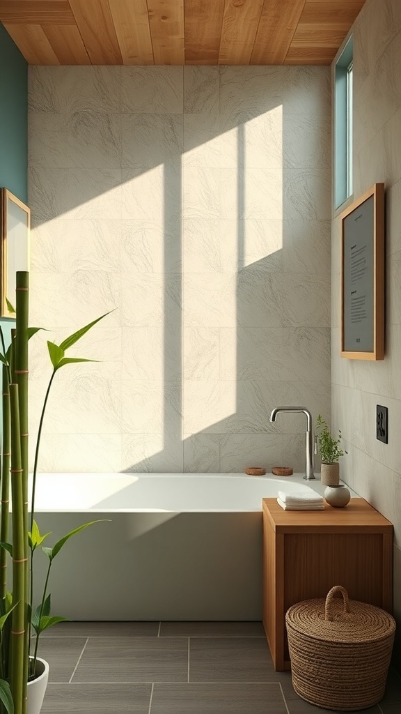 A modern bathroom featuring eco-friendly materials, including bamboo plants, wooden ceiling, and light-colored tiles.