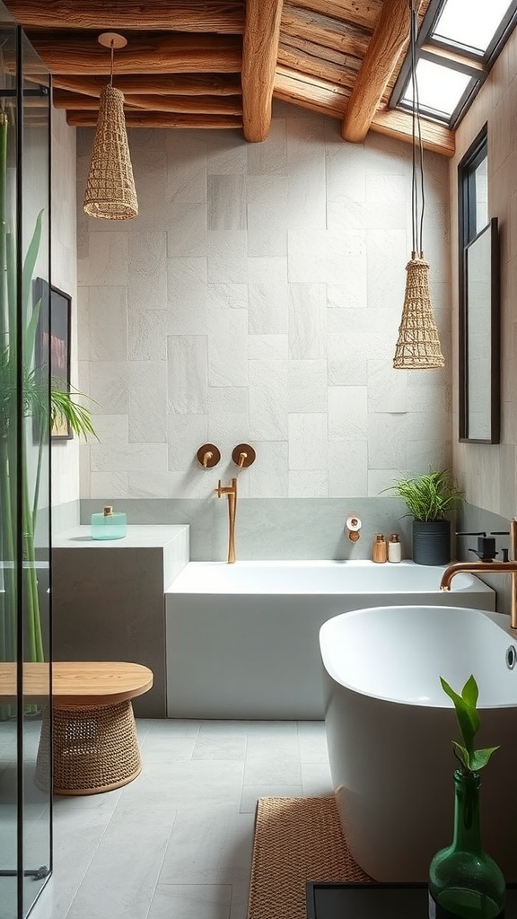 A rustic modern bathroom featuring natural materials and sustainable design elements.
