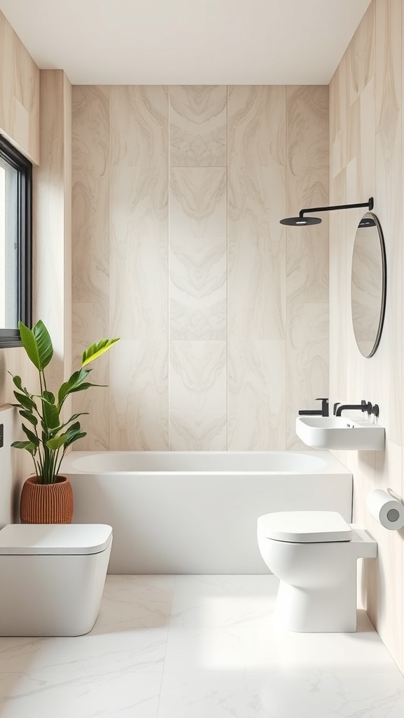 A minimalist bathroom featuring eco-friendly materials like bamboo and recycled glass.