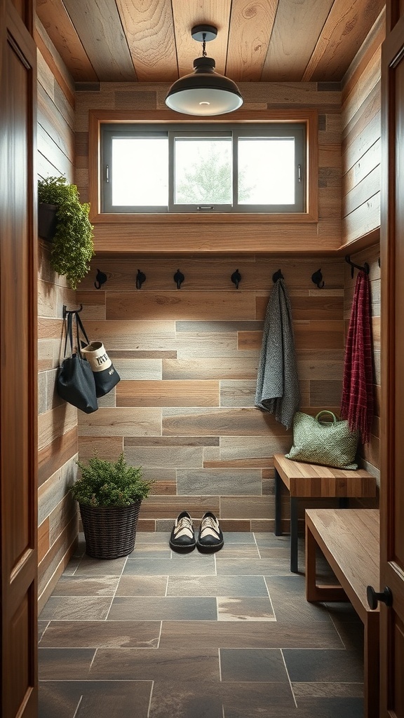 A modern mudroom featuring wooden walls, a bench, and plants.