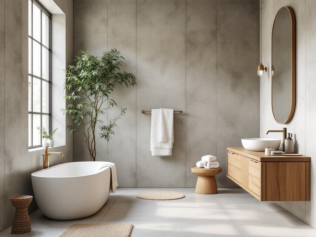 A rustic bathroom featuring a wooden vanity, a white bathtub, and a plant by the window.