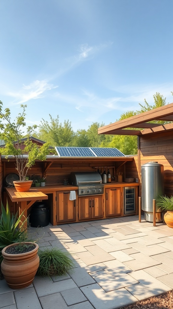 Eco-friendly outdoor kitchen with solar panels and wooden cabinetry