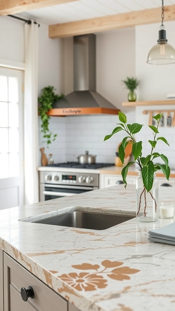 A modern farmhouse kitchen with a stylish countertop featuring a sink and decorative elements.