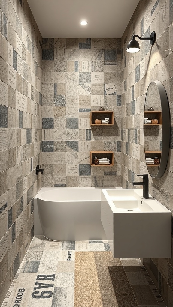 A modern bathroom featuring eco-friendly recycled tiles with a mix of textures and patterns.