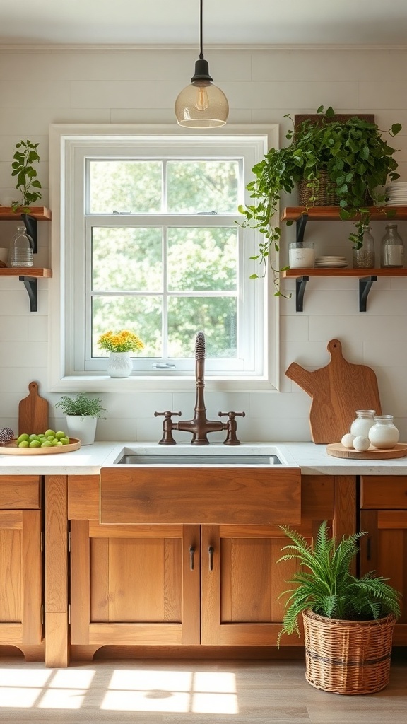 A bright farmhouse kitchen featuring a wooden sink cabinet, a stainless steel farmhouse sink, and plants on the windowsill.