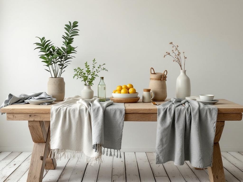 A wooden table set with gray and cream tablecloths, fresh plants, and simple dishware, creating a natural and inviting atmosphere.