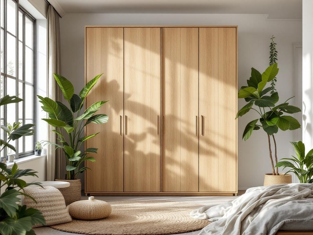 A wooden wardrobe in a bright bedroom with plants and a cozy rug.