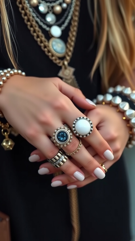 Close-up of hands adorned with multiple rings and layered necklaces, showcasing edgy accessories.