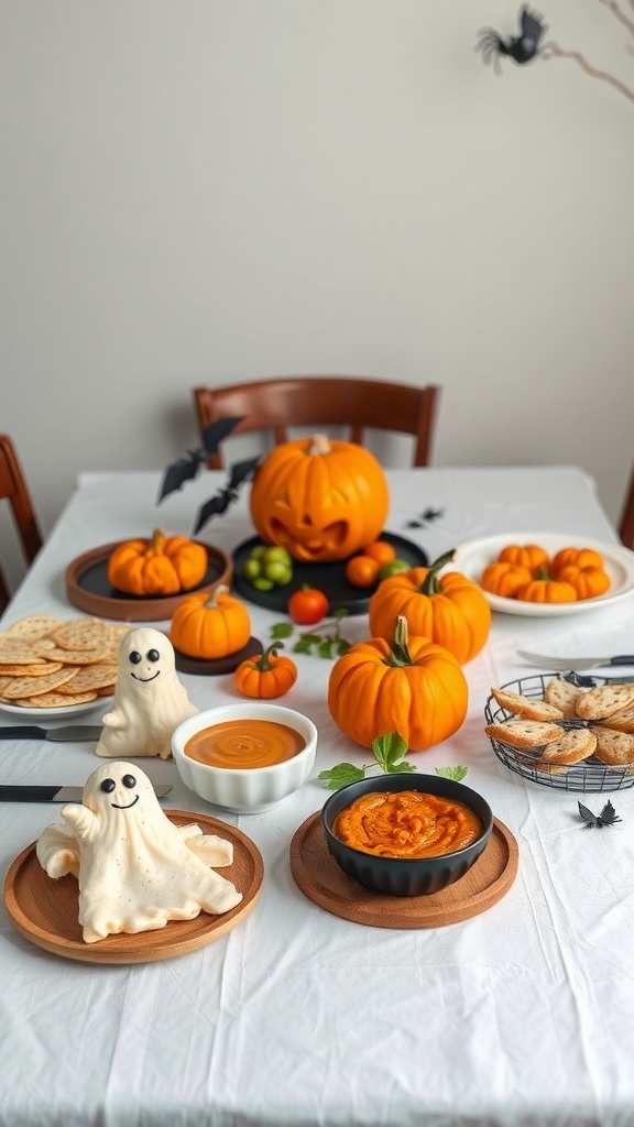 A Halloween dining table decorated with pumpkins, ghost-shaped snacks, and bread, creating a festive atmosphere.