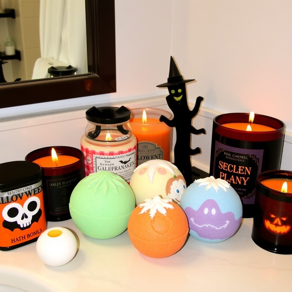 A collection of Halloween-themed bath bombs and candles in a bathroom setting.