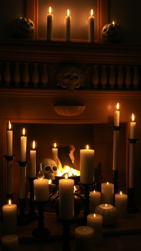 A spooky Halloween fireplace decorated with candles and skulls.