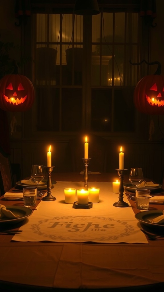 A Halloween-themed table setting with candles, pumpkins, and elegant glassware.