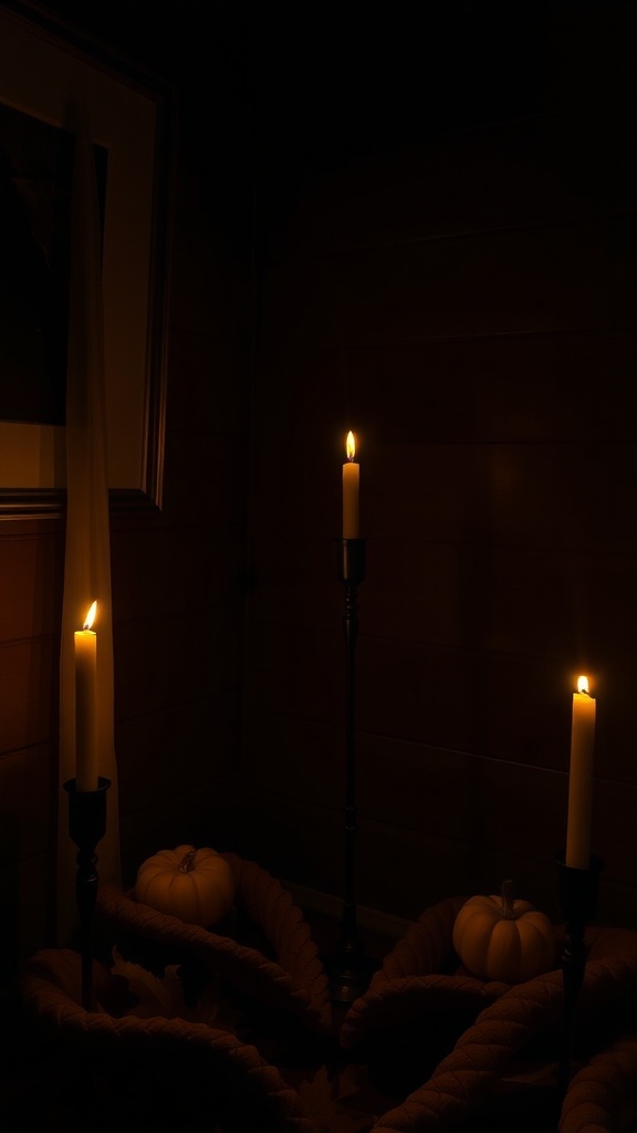 Candlelit corner with pumpkins and flickering candles