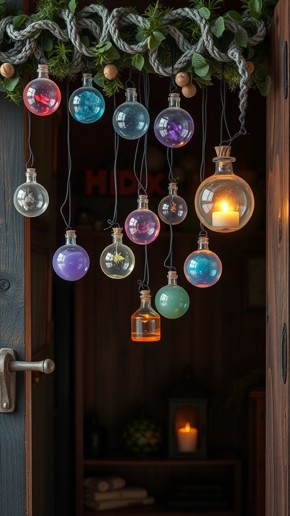 A Halloween garland featuring colorful crystal balls and potion bottles, with a candle glowing inside one of the orbs.