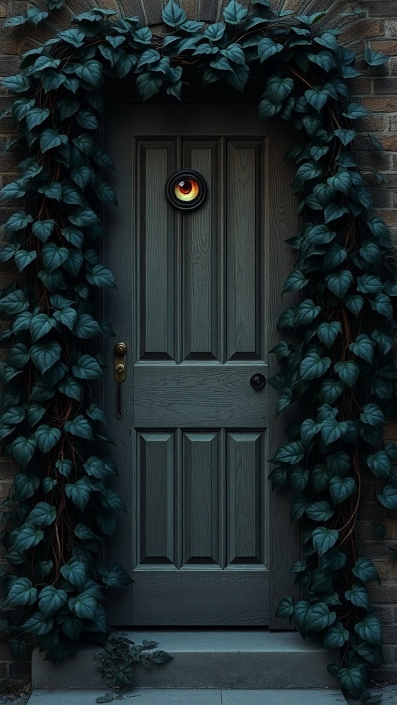 A dark door surrounded by ivy, featuring a peephole that resembles an eye.