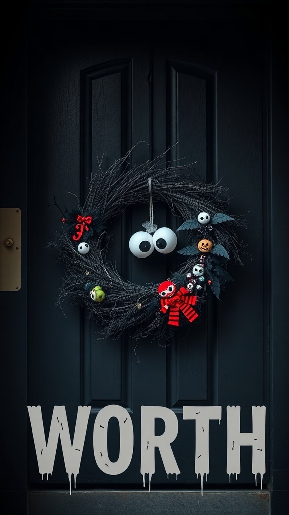 A Halloween wreath featuring googly eyes, bats, and a pumpkin on a dark door.