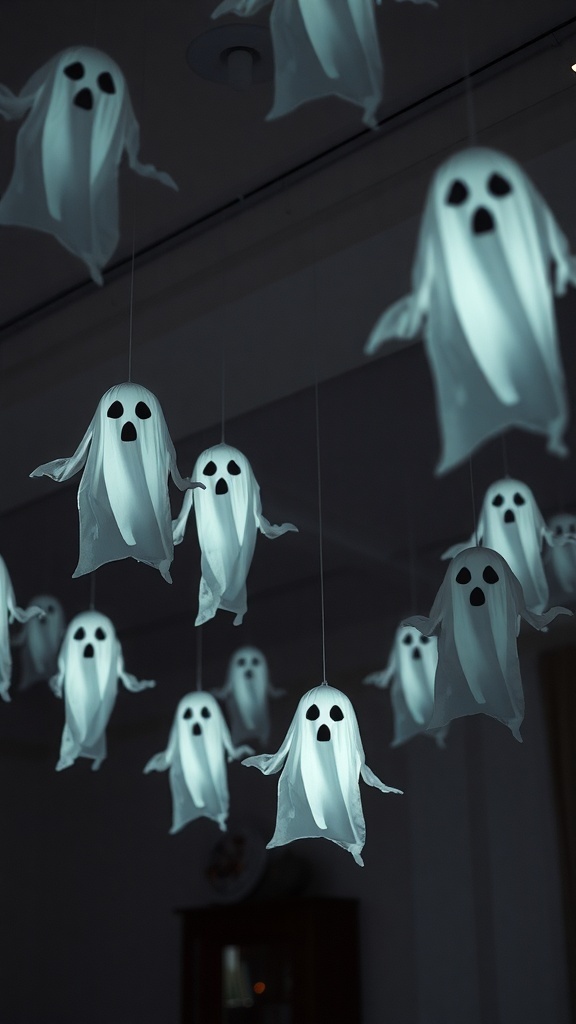 A collection of floating ghost decorations hanging from the ceiling, creating a spooky atmosphere.