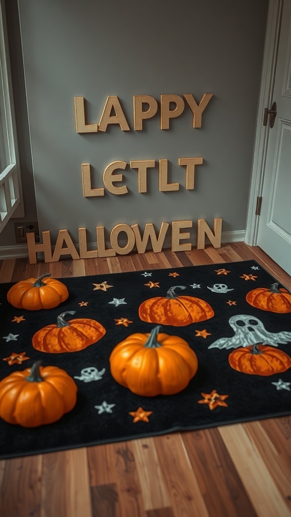 A Halloween-themed rug with pumpkins and ghosts, with playful letters on the wall.