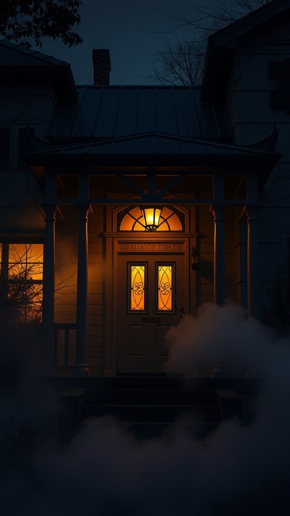 A house with fog swirling around the entrance, illuminated by warm light.