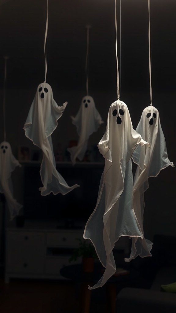 Hanging ghost decorations for Halloween in a living room