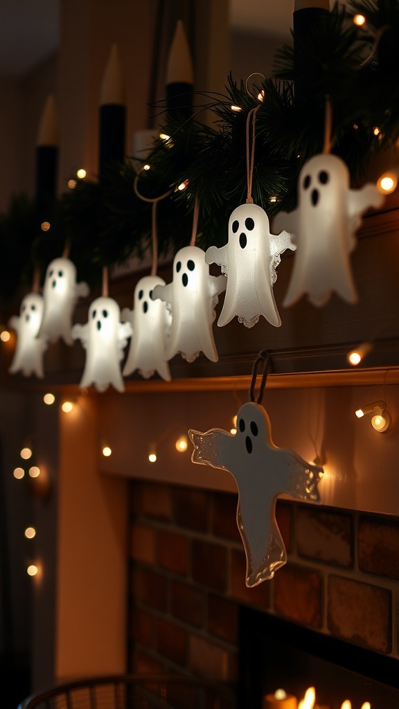 A mantle decorated with glowing ghost ornaments and twinkling lights for Halloween.
