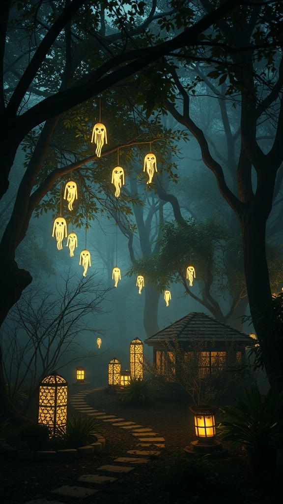 A spooky garden with glowing ghost decorations hanging from trees and lanterns lighting the path.