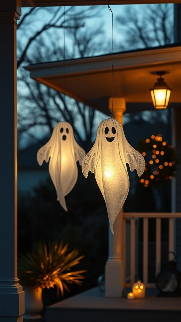 Two glowing ghost decorations hanging on a porch, creating a spooky yet friendly Halloween atmosphere.