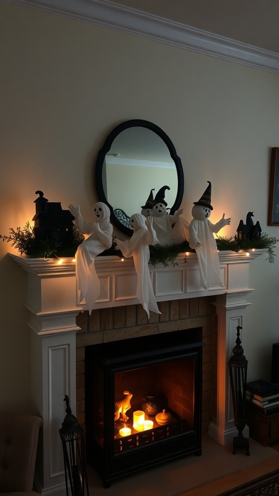 A Halloween-themed living room with ghostly garlands above the fireplace, featuring white ghost figures and warm candlelight.