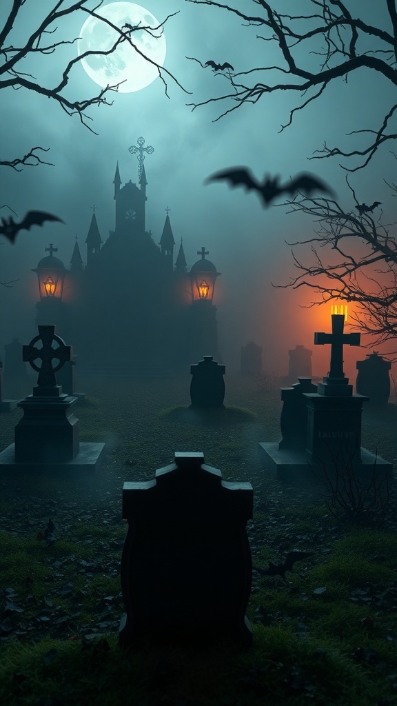 A spooky graveyard scene with tombstones, bats, and a full moon.