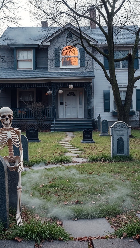 A spooky graveyard scene with a skeleton and tombstones in a front yard.