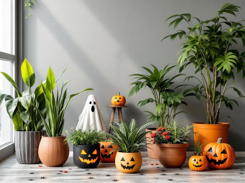 Indoor plants decorated for Halloween with jack-o'-lantern pots and a ghost figure.