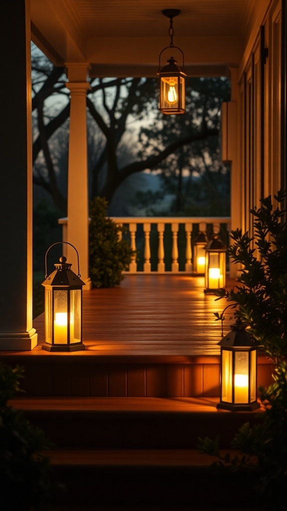 A porch illuminated by lanterns, creating a warm and eerie atmosphere during twilight.