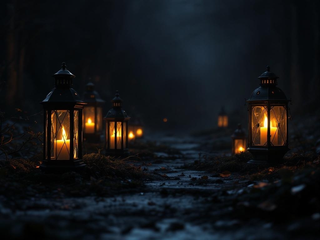 A dark pathway illuminated by eerie lanterns with flickering candles inside.