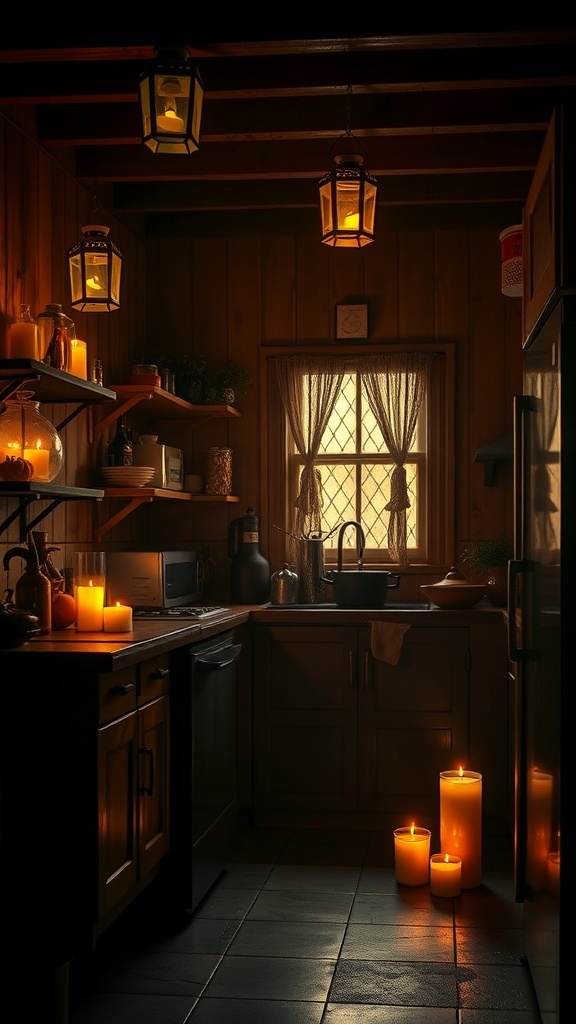 A cozy kitchen decorated with candles for Halloween, featuring lanterns and a warm glow.