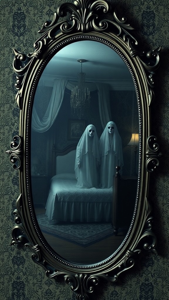 An ornate mirror reflecting two ghostly figures in a dimly lit bedroom.