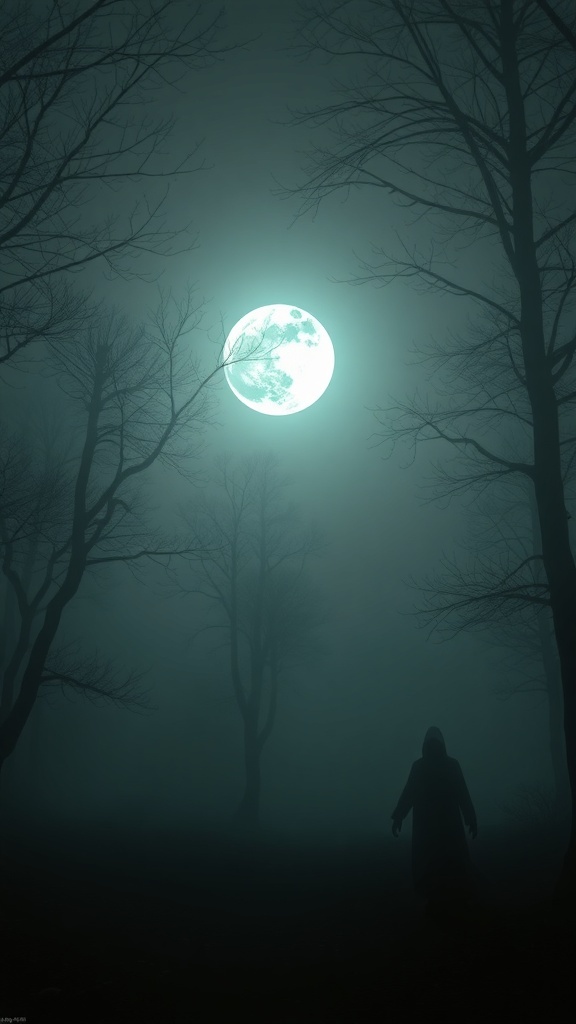 A foggy landscape under a bright full moon with a shadowy figure walking among bare trees.
